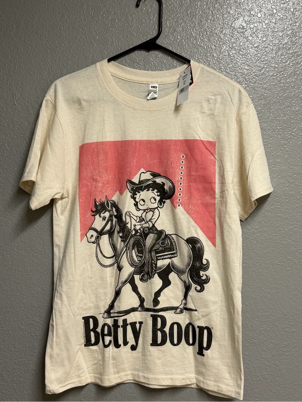 Betty Boop Cream Tee with Pink Graphic Block and Black Print